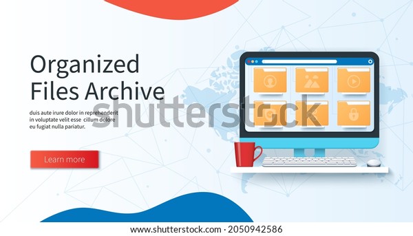 Organized files archive concept. Computer\
with yellow folders on the screen. File management system, online\
document storage service, archive, paperwork organization banner.\
Web vector\
illustrations