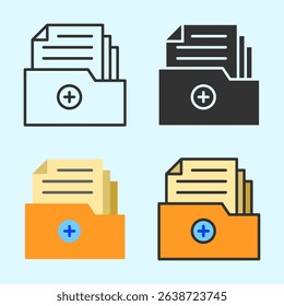 Organized flat icon of medical folder with documents and cross symbol, ideal for health record systems or patient archive visuals.