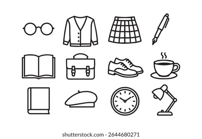 An organized flat lay featuring academic essentials like books coffee glasses clothing and a clock in a minimalist style