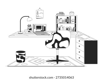 Organisiertes Home Office Interior 2D Line Objekt. L-förmigen Schreibtisch mit Drehstuhl, Laptop, Bücherregal, eklektischen Teppich und Zubehör isoliert clipart Vektor Tinte Umriss Artikel. Schwarzweißdarstellung