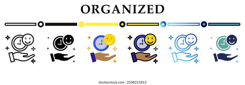 Organized icon on banner web icons collection. 6 Various style icons. For sign, symbol, element, presentation, infographic or web graphics. Vector Illustration.