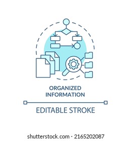 Organized information turquoise concept icon. Search engine optimization principle abstract idea thin line illustration. Isolated outline drawing. Editable stroke. Arial, Myriad Pro-Bold fonts used