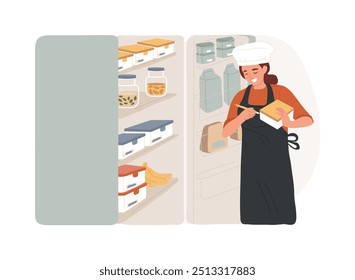 Organized kitchen isolated cartoon vector illustrations. Professional sous chef signs boxes with meal ingredients, restaurant kitchen idea, service sector, horeca business vector cartoon.