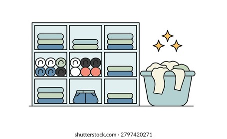 Organized laundry room shelves filled with neatly folded garments alongside a basin of clean clothes household chores and efficient clothing management systems.