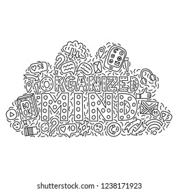 Organized mind. Concept illustration with lettering and doodles in cloud shape