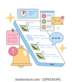 Organized mobile task concept. Smartphone displays reminders, messages, and checklists. Efficiently tackling daily goals, getting instant notifications, and managing time. Flat vector illustration.
