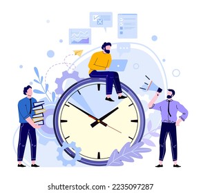 Organized office work. Employee sitting at big clock and working at laptop to meet deadline. Manager holding loudspeaker and shouting at colleague. Time management concept vector illustration