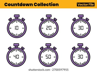 Conjunto de vetor de temporizador rápido organizado mostrando seis ilustrações de cronômetro com segundos marcados de 10 a 60