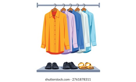 Organized retail display featuring a row of colorful button-down shirts hanging on a rack with diverse footwear arranged neatly on the shelf below.