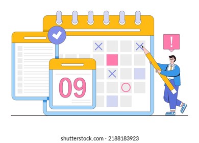 Organized schedule, control working process tidy, regulate habits for improve productivity and efficiency concepts. Planned businessman manage and marking deadline date on the calendar using pencil.