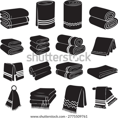 An organized set of essential bathroom textile icons showing soft folded towels rolls and decorative fringed linens for interior decor