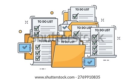 Organized system of yellow file folders containing multiple to do list documents with several green checkmarks.