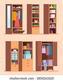 Organized wardrobe. Shelves with clothes interior furniture for jackets pants and shoes vector cartoon set