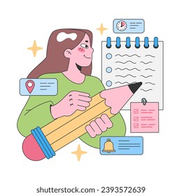Organized woman planning tasks concept. Cheerful lady with a large pencil scheduling on a notepad. Time management, location reminders, and completed checklists. Flat vector illustration.