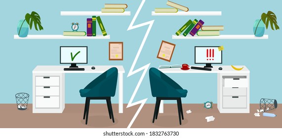 An Organized Workplace At Home And A Cluttered Workplace. Deadline And Procrastination