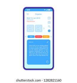 Organizer app smartphone interface vector template. Mobile planner, reminder application interface design layout. Day planning widget screen. Schedule, timetable. UI for application. Phone display