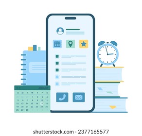 Organizer and calendar app in mobile phone vector illustration. Cartoon isolated digital agenda, checklists and daily tasks on smartphone screen, books and document folders for planning office work