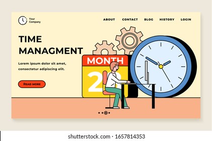 Organizer or calendar, time management, business timing concept landing web page vector. Date advanced planning, organization and strategy, schedule. Project and events, weeks and days illustration
