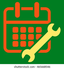 Organizer Configure vector icon. Style is bicolor flat symbol, orange and yellow colors, rounded angles, green background.