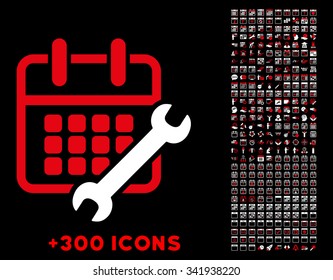 Organizer Configure vector pictogram with additional 300 date and time management icons. Style is bicolor flat symbols, red and white colors, rounded angles, black background.
