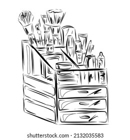 Organizer, container with cosmetics, makeup brushes, creams, lipstick. Organization of cosmetics storage in beauty salons and at home in a chest of drawers. Isolated vector objects.