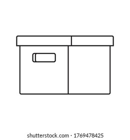 Organizer for files, documents. Storage box with lid in line art style. Carton cardboard box icon isolated on white background. Delivery and packaging. Transportation, moving and shipping. Vector.