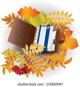 Organizer, flight tickets and autumn leaves, isolated on white background