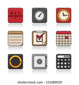 Organizer icon. Retro set: timer, stopwatch, alarm clock, notes, task, calendar, synchronization, code memo, calculator.