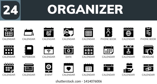 organizer icon set. 24 filled organizer icons.  Simple modern icons about  - Calendar, Phone book, Notebook, Date, Deadline, Event