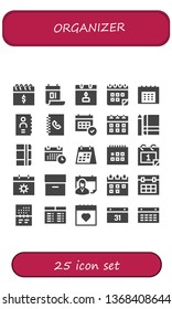 organizer icon set. 25 filled organizer icons.  Collection Of - Calendar, Phone book, Notebook, Schedule, Archive, Timetable