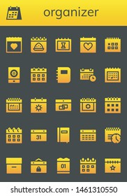 organizer icon set. 26 filled organizer icons.  Collection Of - Calendar, Event, Notebook, Schedule, Date, Deadline, Archive