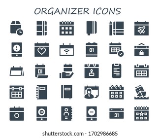 conjunto de iconos del organizador. 30 iconos de organizador rellenos. Se incluyeron los iconos Esperar, Portátil, Calendario, Evento, Libreta telefónica