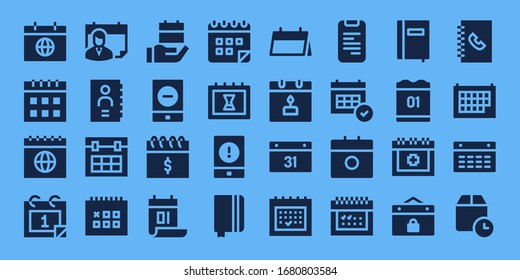 Symbol-Set des Veranstalters. 32 gefüllte Organisatorsymbole. auf blauem Hintergrund Einfache, moderne Symbole wie: Kalender, Telefonbuch, Veranstaltung, Notebook, Datum, Wartezeit
