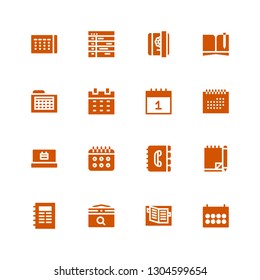 organizer icon set. Collection of 16 filled organizer icons included Calendar, Notebook, Contact book, Schedule, Diary