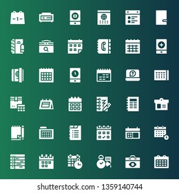 organizer icon set. Collection of 36 filled organizer icons included Calendar, Deadline, Schedule, Notebook, Notepad, Event, Diary, Contact book