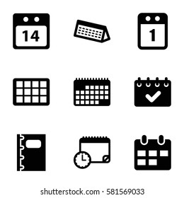 organizer icons set. Set of 9 organizer filled icons such as notebook, 14 date calendar