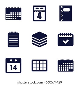 Organizer icons set. set of 9 organizer filled icons such as calendar, notebook, 14 date calendar, 4th date calendar