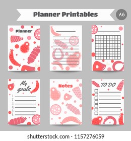 Organizer with meat products. Flat meat farm elements. Butcher promo printables, cards, brochure, notes, promotion. Vector