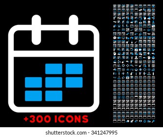 Organizer Month vector icon with additional 300 date and time management pictograms. Style is bicolor flat symbols, blue and white colors, rounded angles, black background.