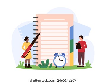 Organizer in notebook, diary and daily planning. Tiny people with pen, notepad with blank page and clock plan business tasks or school lesson training, organize schedule cartoon vector illustration