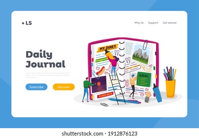 Organizer, Notebook for Memory or Messages Landing Page Template. Tiny Characters at Huge Diary Writing Notes, Planning Deals, Filling To Do List, Put Pictures. Cartoon People Vector Illustration
