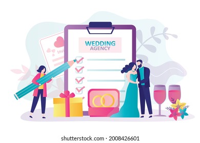 Organizer notes completed cases on checklist. Bride and groom in wedding dress, suit. Employee organizes wedding ceremony and banquet. Organization of events, celebrations. Flat vector illustration