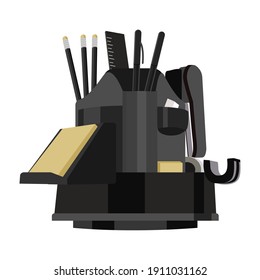 organizador para suministros de oficina. Imagen vectorial de un organizador de papelería en un fondo blanco. El organizador incluye una regla, lápices, lapiceros, grapadora, borradores y stickers.