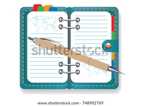Organizer  -  on the pages  the world map - automatic pen -   isolated on a white background - art vector