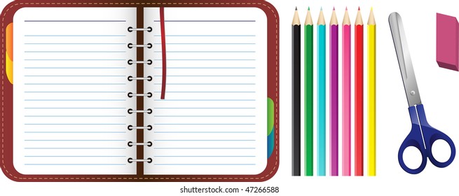 Organizer with pencils, scissors and eraser set. Editable Vector Image