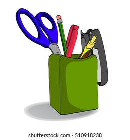 Organizer with pencils, scissors, pen, stapler. Holder.