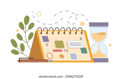 Organizer or planner with dates and tasks, meeting and deadlines. Vector isolated time management tools for work and business. Sand hourglass clock, pencil and plant branch with leaves decor