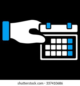Organizer Properties vector icon. Style is bicolor flat symbol, blue and white colors, rounded angles, black background.