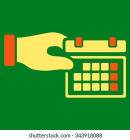 Organizer Properties vector icon. Style is bicolor flat symbol, orange and yellow colors, rounded angles, green background.
