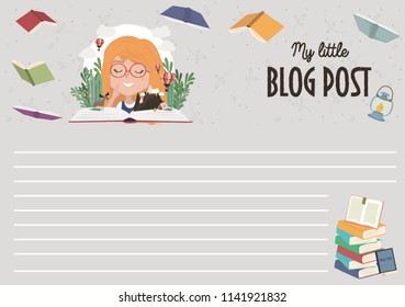 Organizer and Schedule with Girl reading books, cartoon style. Imagination concept. Open book with forest, mountain and forest animals. Editable vector illustration